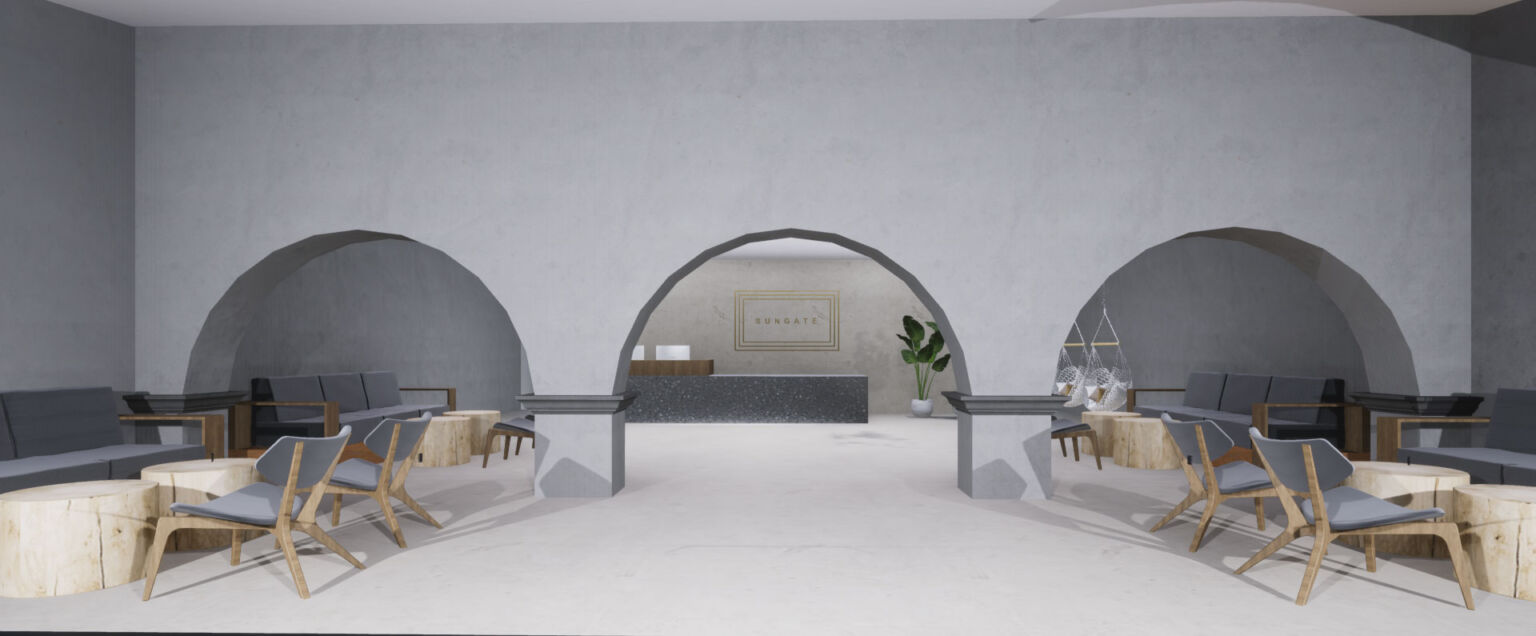 reception area for the all-excluse hotel of Sungate on the island of Corfu in Greece by ikies architects