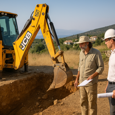 Archaeologist and architect supervise excavation on a rural Greek property using a JCB machine for building permit inspection.
