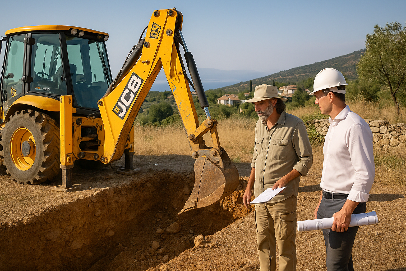 Archaeologist and architect supervise excavation on a rural Greek property using a JCB machine for building permit inspection.