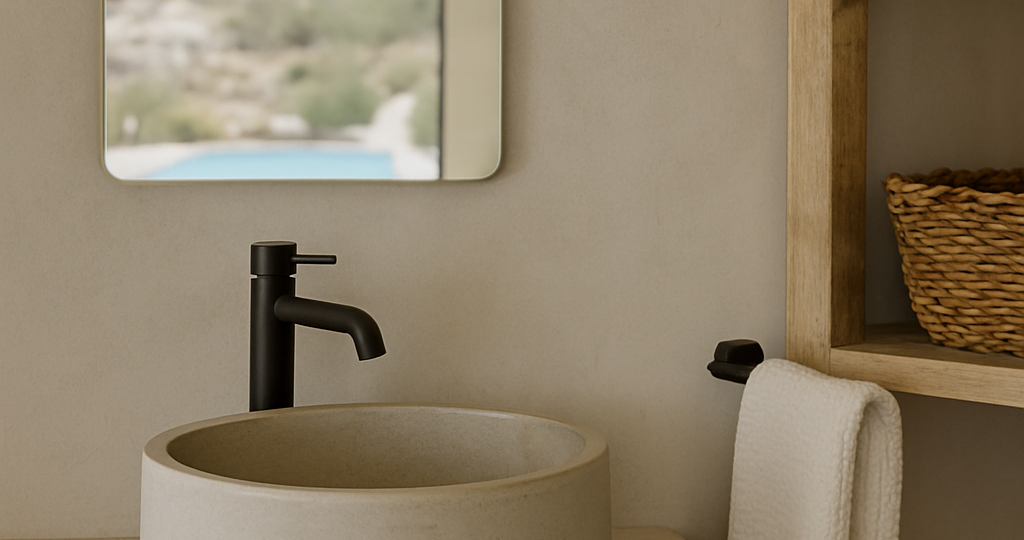 Close-up of luxury design details in a Greek vacation home, featuring natural textures and high-end finishes.
