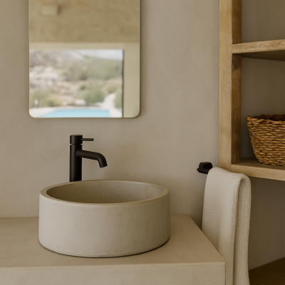 Close-up of luxury design details in a Greek vacation home, featuring natural textures and high-end finishes.