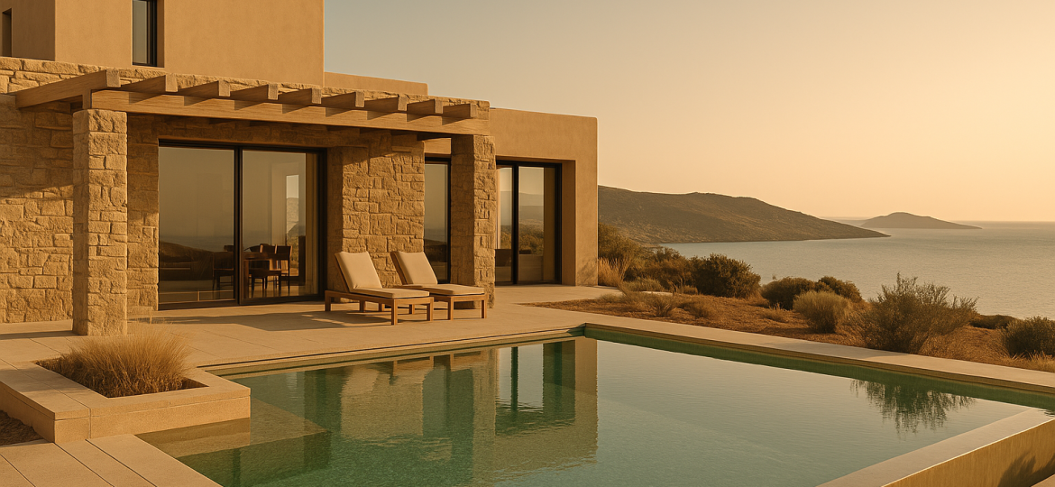 Luxury Greek island villa with pool and earthy-toned architecture, representing the benefits of softened water for homes and wellness.