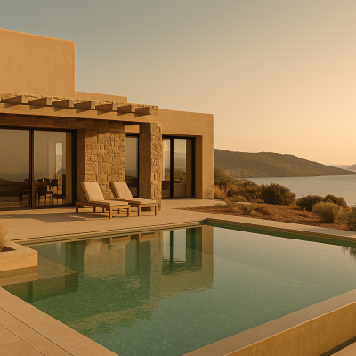 Luxury Greek island villa with pool and earthy-toned architecture, representing the benefits of softened water for homes and wellness.