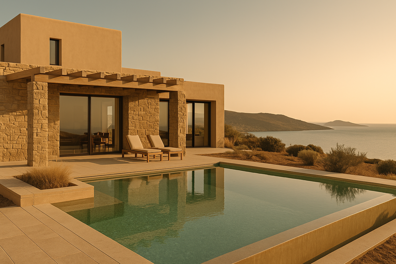 Luxury Greek island villa with pool and earthy-toned architecture, representing the benefits of softened water for homes and wellness.