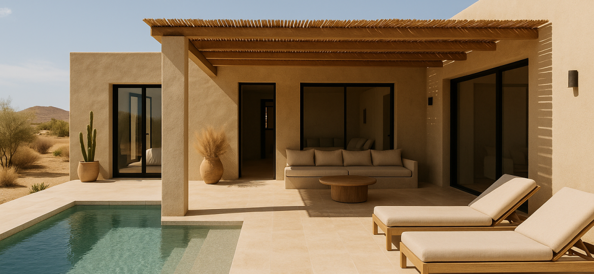 Modern Greek villa with pool, shaded pergola, and minimalist architecture designed for Airbnb rental appeal