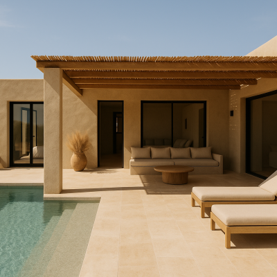 Modern Greek villa with pool, shaded pergola, and minimalist architecture designed for Airbnb rental appeal