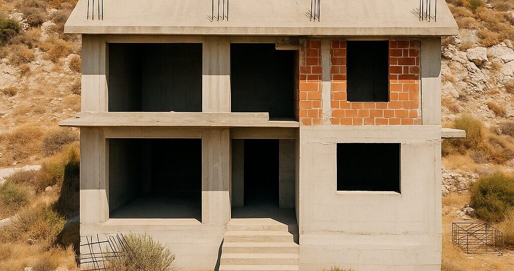 Unfinished concrete house in rural Greece, exposed to the elements and showing signs of weathering.
