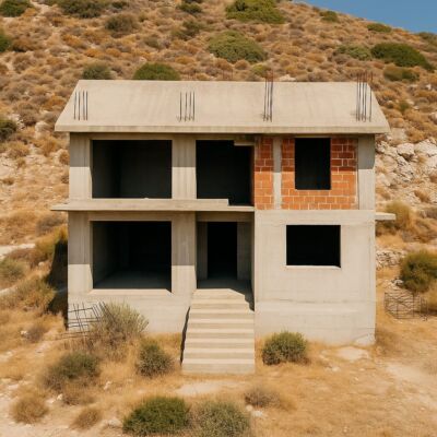Unfinished concrete house in rural Greece, exposed to the elements and showing signs of weathering.